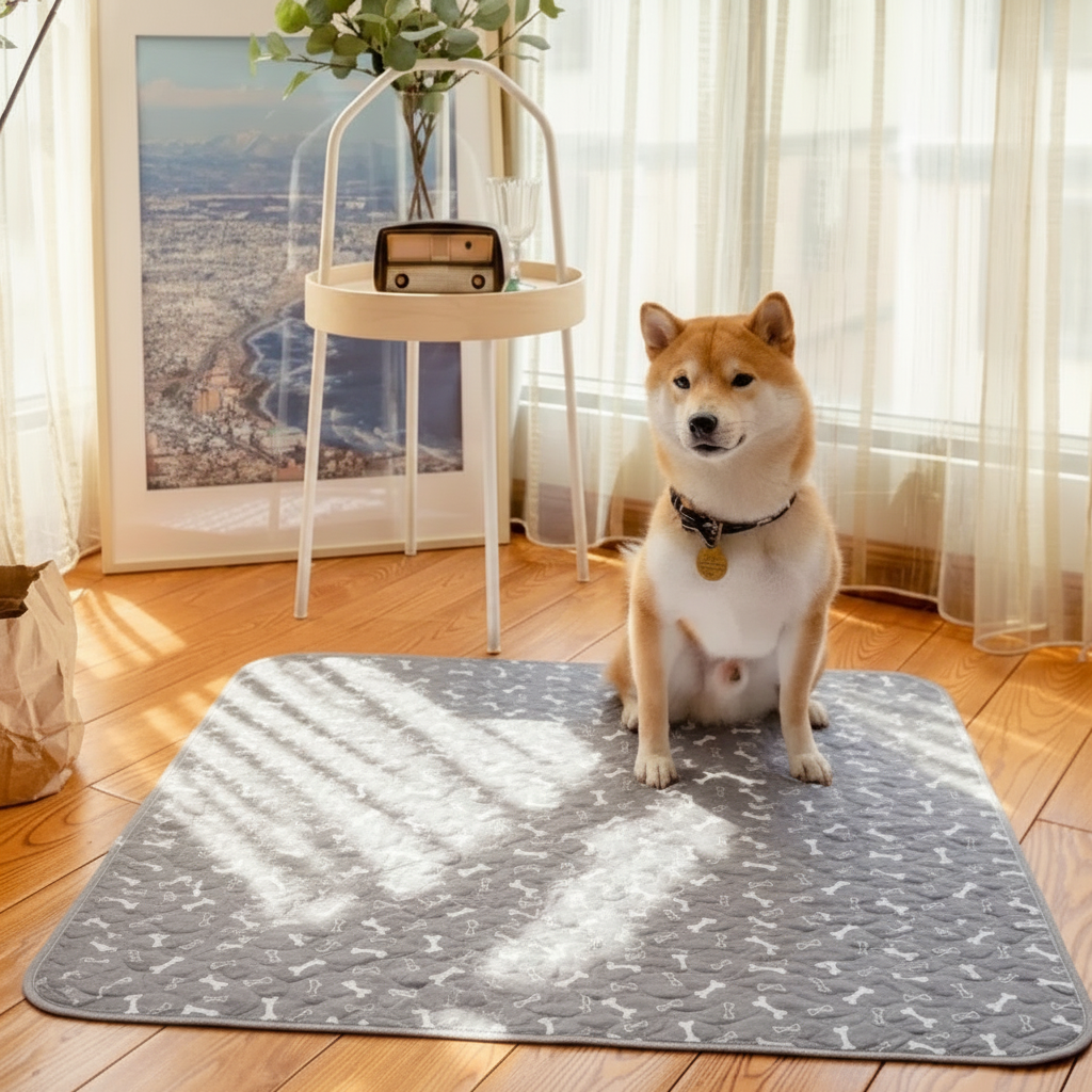 Shiba Inu tapis gris carré